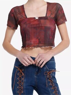 Hot Topic NWT Burgundy Floral Sheer Square-Neck Crop Top